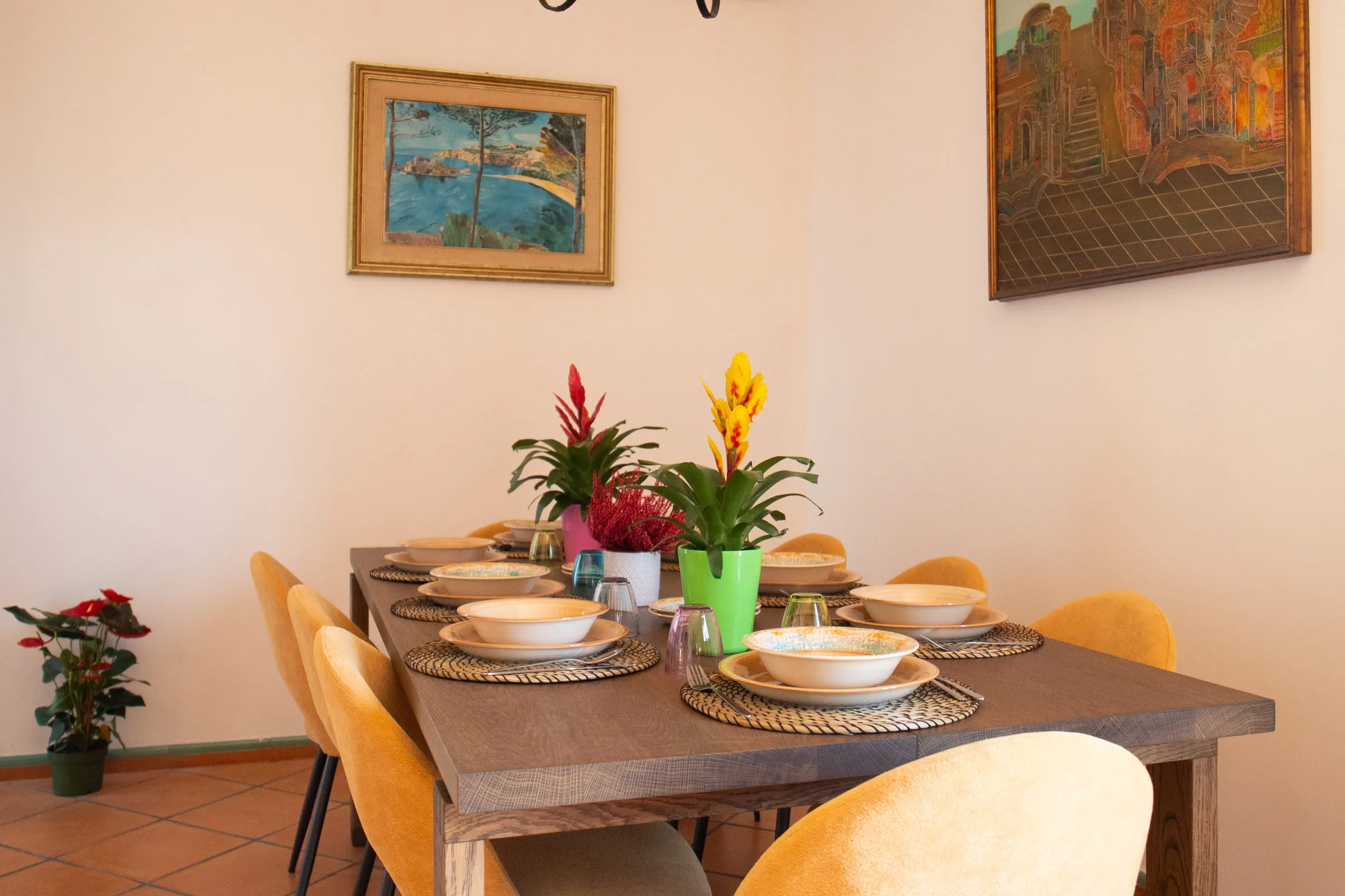 The dining table laid for six.